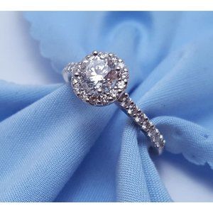 Unique 14K Karat Solid White Gold Designer Halo Cubic Zirconia Engagement Ring